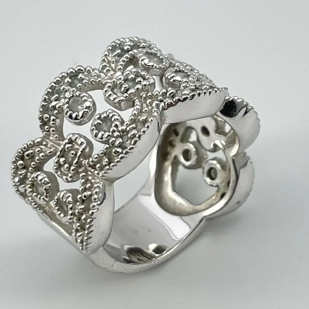 Premier Designs White Rhinestone Wide Ring Band  Sz 6 Boho Statement Cocktail
